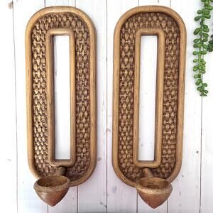 Set of 2 Vintage 1976 Homco Faux Wicker Wall Candle Sconces MCM USA Dart Ind